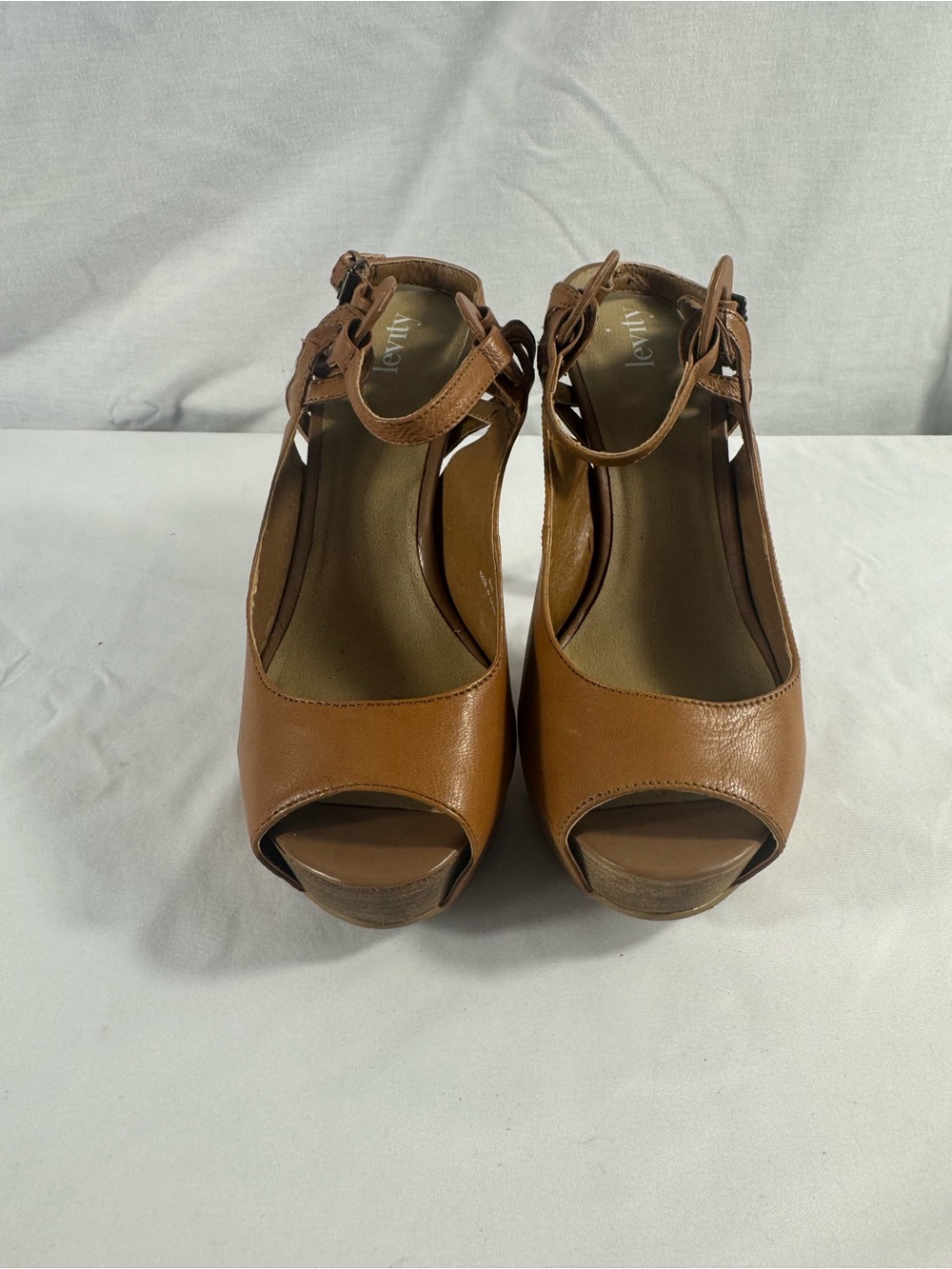 Levity Brown Leather Peep Toe Wedge Sandals Platform Slingback Size 8